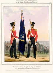 Kostiumy Królewskiej Marynarki Wojennej i Piechoty Morskiej. Royal Marines (Subalterns) 2d. Lt., ok. 1832 (kolorowa litografia)