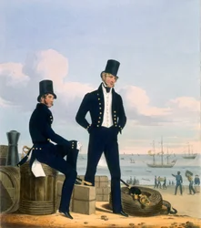 Kanonierzy, bosmani i stolarze, tablica 11 z "Kostium Marynarki Królewskiej i Marynarki", rytowana przez artystów, ok. 1830-37