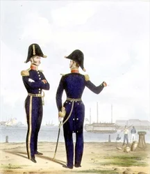 Masters, płyta 10 z „Kostium Marynarki Królewskiej i Marynarki”, rytowana przez artystów, ok. 1830-37 (kolor lito)