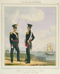 Royal Marine Artillery Officers, tablica 8 z "Kostium Royal Navy and Marines", rytowana przez artystów, ok. 1830-37