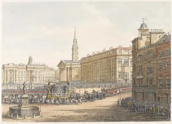 Wóz żałobny i procesja na państwowym pogrzebie księcia Wellington mijając Mansion House 18 listopada 1852