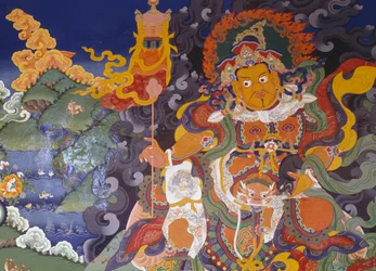 Fresk przedstawiający kolorowe bóstwa, buddyjski klasztor Lamayuru (Lamayuru Gompa), Himalaje, dystrykt Ladakh, stan Dżammu i Kaszmir, Indie