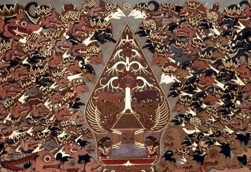 Obraz w stylu Wayang Beber inspirowany teatrem cieni Wayang Kulit, pałac Mangkunegaran, Surakarta, Jawa, Indonezja