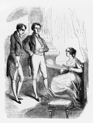 Rastignac przedstawiony Madame de Nucingen, ilustracja z „Le Pere Goriot” autorstwa Honore de Balzac (1799-1850)