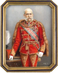 Portret Francois Joseph I Austria (1830-1916), w węgierskim mundurze. Praca Lajosa Osko (1865-1922), akwarela i gwasz na rogu. Sztuka węgierska, sztuka akademicka. Prywatna kolekcja.