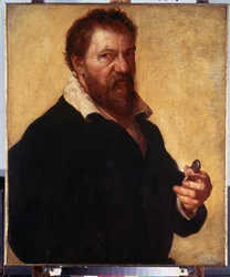 Autoportret (Autoportret). Portret artysty trzymającego w dłoni okulary. Obraz Lamberta Lombarda (1505-1566)