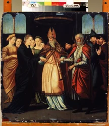 Małżeństwo Maryi i Józefa (Małżeństwo Maryi z Józefem). Obraz Lamberta Lombarda (1505-1566). Sztuka renesansu. Olej na drewnie. Regionalne Muzeum Sztuki, Użhorod (Użgorod lub Użgorod), Ukraina