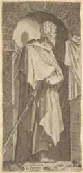 Św. Jakub Minor w łukowatej niszy, trzymający w rękach laskę, które są ok. 1545 r.
