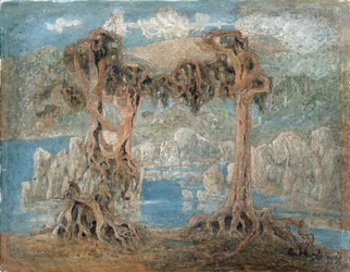 ""Landscape"" Chude drzewa nad brzegiem morza, Norwegia - Obraz Larsa Herterviga (1830-1902) 1902 Narodowe Muzeum Sztuki, Oslo, Norwegia