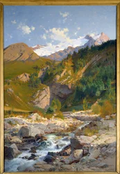 Potok ma Chavalchere, lodowiec Tabuchet i krajobraz gór Meije. Obraz Laurenta Guetala (1841-1892) 1888 Grenoble, Musee des Beaux Arts