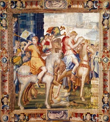 Jazda Herautów. Kurtyna z Historii Artemise. Gobelin z wełny i jedwabiu wykonany przez Laurenta Guyota (1756-1806) i Henri Leramberta (ok. 1540/1550-1608) w warsztatach faubourg Saint Marcel (1601-vers1670). Paryż XVII w., meble narodowe