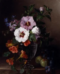 Martwa natura z hibiskusa i nasturcji w szklanym wazonie. Obraz namalowany przez Julie Guyot (ok. 1810)