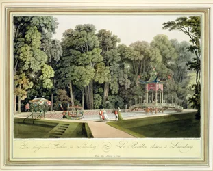 Chiński pawilon w ogrodach Laxenburga w Wiedniu, rytowany przez Johanna Zieglera (ok. 1750-ok. 1812)