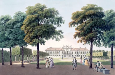 Widok na Chateau of Pleasure w Hetzendorf, Wiedeń, lata 1790