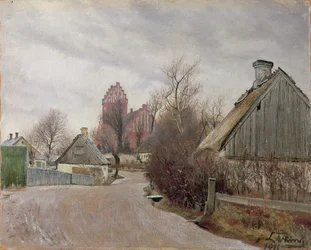 Gade i Hoje Taastrup (wiejska droga z domkami i wysokim kościołem) 1911