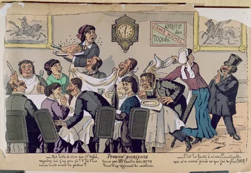 Internat klasy średniej, karykatura, 1881 (rycina kolorowa)