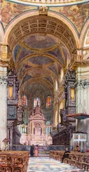 Prezbiterium, patrząc na wschód (kolorowa litografia)
