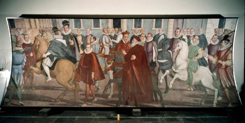 Doge Giacomo Durazzo Grimaldi prowadzący kardynała Francesco Pacheco ulicami Genes w 1574 roku (fresk