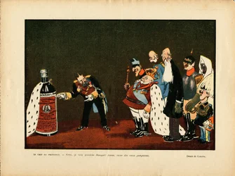 Ilustracja Leal de Camara (1877-1948) w Le Rire, 25.12.09 - Belgia, Europa, Portugalia, Austria, Alkoholizm, Protokół - Wilhelm II, Leopold II, Edward VII, Alfonso XIII, Francois-Joseph 1er d „Austria, sułtan”