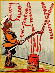 Rosyjski car malujący słowo Pax lub pokój, składa się z nazw przegranych bitew używając rosyjskiej krwi. 1904 (lito)