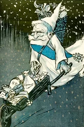 Boże Narodzenie dla dużych dzieci – prezydent Francji Emile Loubet przebrany za Świętego Mikołaja z taczką prezentów dla dorosłych. 1905. (lito)