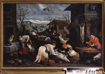 ""Miesiąc grudzień"" (grudzień) Świnie są poddawane ubojowi. Symbol znaku Koziorożca na niebie. Obraz Leandro Bassano da Ponte (1557-1622) 1595-1600 Państwowe Muzeum Sztuki Tula Rosja