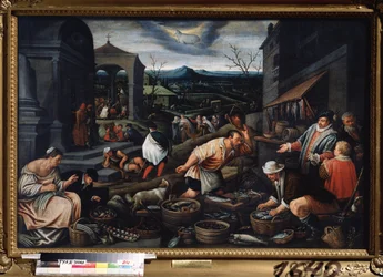 ""Miesiąc marzec"" (marzec) Scena targu rybnego. Baran znak symbol na niebie. obraz Leandro Bassano da Ponte (1557-1622) Wymiary 80x121 cm Państwowe Muzeum Sztuki Tula Rosja