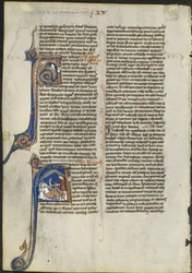 Kartka z Biblii łacińskiej: inicjał A i inicjał A: Judith ścinająca głowę Holofernesowi, ok. 1930 r. 1230-1240.