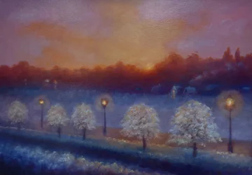 Frosty Riverside, Eel Pie Island, Tamiza, 2023 (olej na płótnie)
