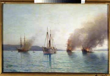 Rosyjski statek torpedowy Wielki książę Konstantin niszczący tureckie statki nad Bosforem 1877 r. (Przetarg rosyjskiego statku torpedowego Wielki książę Konstantin niszczący tureckie statki nad Bosforem 1877 r.). Bitwa morska wojny między Rosjanami