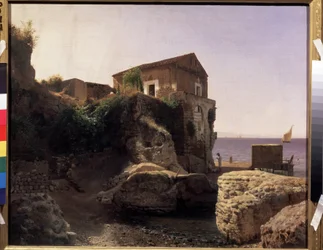 Na wyspie Capri (Włochy) Dom Rybaka. (Na wyspie Capri, dom rybaka). Z opisem łodzi rybackiej na morzu i tradycyjnym pontonem do dokowania. Obraz Lwa Feliksowicza Lagorio (1827-1905), olej na płótnie