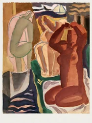 Dwie kąpiące się kobiety i postać na moście – Leo Gestel, 60 x 80 cm, biała ramka