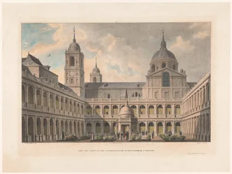 Zicht op de Courtyard of the Evangelists van het Klasztor San Lorenzo de El Escorial Widok na Dziedziniec Ewangelistów Klasztoru R. S. Lorenzo (tytuł na obiekcie)