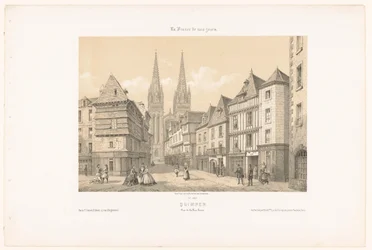 Widok na Rue Kéréon i katedrę w Quimper Quimper. Vue de la rue Kerion (tytuł na obiekcie) Współczesna Francja (tytuł serii) La France de nos jours (tytuł serii na obiekcie)