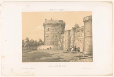 Widok jednej z wież zamku Dinan Le château de Dinan (tytuł na obiekcie) Współczesna Francja (tytuł serii) La France de nos jours (tytuł serii na obiekcie)