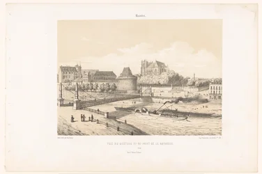 Widok na zamek i Pont de la Rotonde nad Loarą w Nantes Nantes. Vue du chateau et du pont de la Rotonde (tytuł obiektu) Współczesna Francja (tytuł serii) La France de nos jours (tytuł serii)