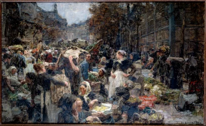 Sale. Tłum Marche des Halles w Paryżu w XIX wieku. Szkic Leon Augustin Lhermitte (1844-1925)