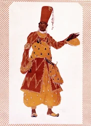 Kostium wielkiego eunucha narysowany przez Lwa Samojłowicza Rosenberga zwanego Leonem Bakst (1866-1924) do baletu „Szeherezada” (lub Szeherezada) skomponowanego przez Nikołaja Andriejewicza Rimskiego-Korsakowa (Rimski Korsakow lub Rimski Korsakow).