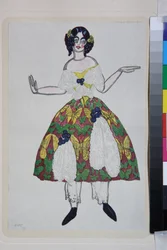 Kostium do baletu La boutique fantasque Gioachino Rossiniego - Dzieło Leona Baksta (1866-1924), litografia 1919 - (Projekt kostiumu do baletu "Sklep z magicznymi zabawkami" Gioachino Rossiniego, Leon Bakst, Litografia kolorowa