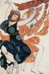 Szkic kostiumu dla dwóch kobiet z Beotii, z baletu "Narcyz", poemat mitologiczny z muzyką N (akwarela, gwasz, ołówek, złoto, srebro na papierze)