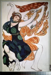 Dwie beotiennes, kostium do baletu „Narcyz” Nikołaja Czerepnina (1873-1945) (Dwa beotienny, projekt kostiumu do baletu Narcyz N. Czerepnina). Rysunek Leona Baksta (1866-1924). Akwarela, gwasz, złoto i srebro na pa
