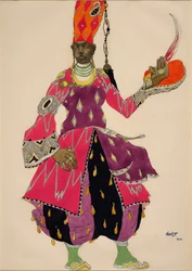 Eunuch „Eunuch” Kostium do baletu Szeherezada Mikołaja Rimskiego Korsakowa (Rimski-Korsakow) 1922 (akwarela). Kostium do baletu Szeherezada (Szeharazada) Mikołaja (Nikołaja) Rimskiego Korsakowa (Rimskiego-Korsakowa) (1844-1908)