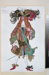 Galisson, kostium do baletu Śpiąca Królewna Piotra Czajkowskiego - Dzieło Leona Baksta (1866-1924), litografia 1921 - (Galisson, projekt kostiumu do baletu Śpiąca Królewna Czajkowskiego, Leon Bakst, litografia kolorowa
