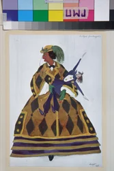 Angielka, kostium do baletu la boutique fantasque Gioachino Rossiniego - Dzieło Leona Baksta (1866-1924), litografia 1919 - (Projekt kostiumu do baletu "Sklep z magicznymi zabawkami" Gioachino Rossiniego, reż. Leon Bakst, Kolor litografia