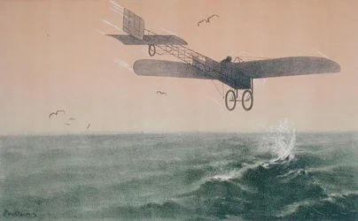Louis Bleriot (1872-1936) pierwszy raz przelatując samolotem przez kanał La Manche 25 lipca 1909, ok. 1910 (kolor lito)
