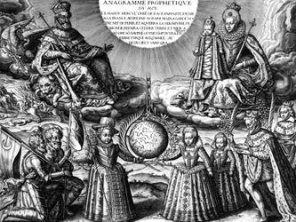 francuska rodzina królewska w 1607 r. (propaganda): francuski król Henryk IV i jego żona królowa Maria de Medicis trzymająca córkę Krystyna; dół: ich inne dzieci: przyszły Ludwik XIII, Elisabeth i Henriette-Marie. Na r: król, a za nim jego chory