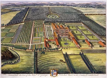 Hutton Hall w hrabstwie Cumberland wyryty przez Johannesa Kipa (ok. 1652-1722)