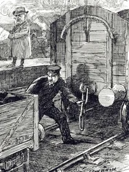 Kreskówka komentująca wypadki pracowników kolei. Ilustrował Leonard Raven-Hill (1867-1942), angielski artysta, ilustrator i rysownik komiksów z XX wieku.