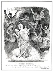 LLoyd George, "Dobra Wróżka" rządu koalicyjnego ma nadzieję przekształcić Wielką Brytanię w Utopię, ale zamiast tego wyczarowuje koszmar i diabły bezrobocia, załamania handlu, wysokich cen i niepokojów,