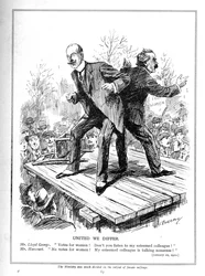 Lloyd George i Harcourt, obaj ministrowie w rządzie liberalnym, nie zgadzają się co do oddawania głosów kobietom, 1910